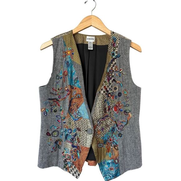 Vintage Chico’s Wool Blend Boho Patchwork Beaded Vest - Picture 2 of 7